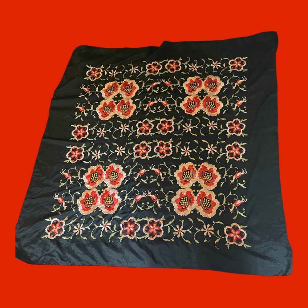 Vintage Silk Embroidered Floral & Peacock Design Black Crepe de Chine 4’ x 4’